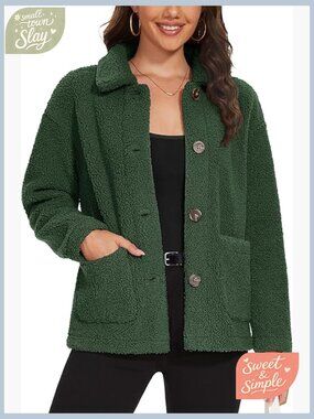 Women's Sherpa Fleece Jacket Fuzzy Warm Button Down Coat with Pockets Long